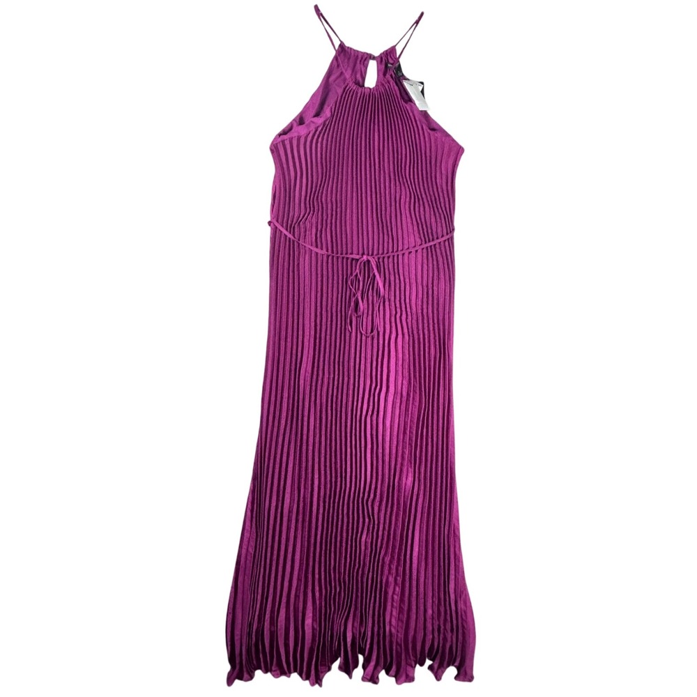 Banana Republic Petites Purple Pleated Maxi‎ Dress Halter Neck with Belt Lg NWT